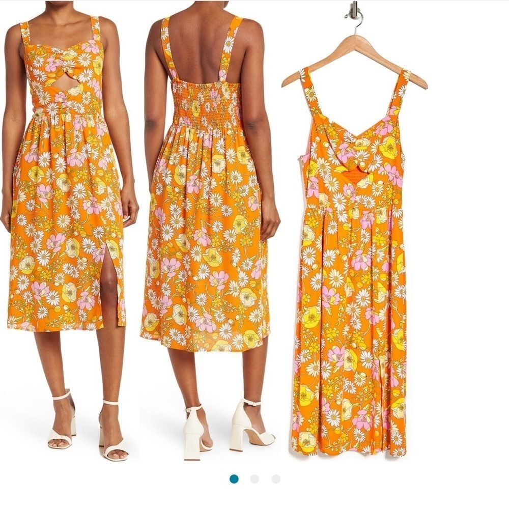 Floral Waist Cutout Midi Dress In Coral Florals
